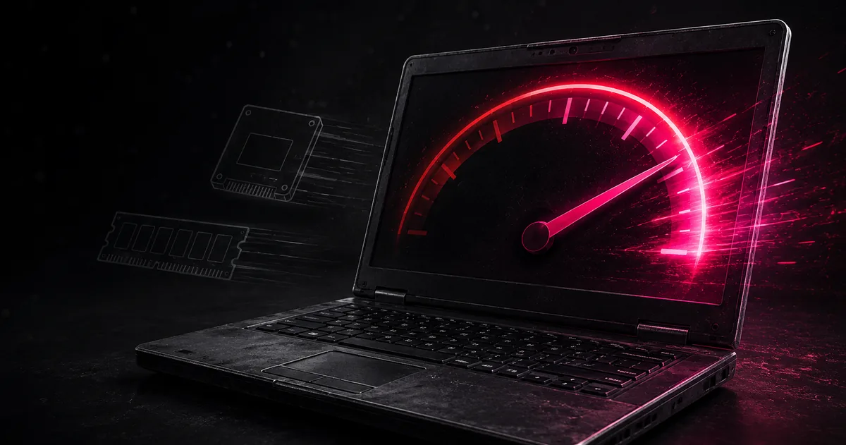 An older laptop running Windows with Task Manager open showing CPU and memory usage